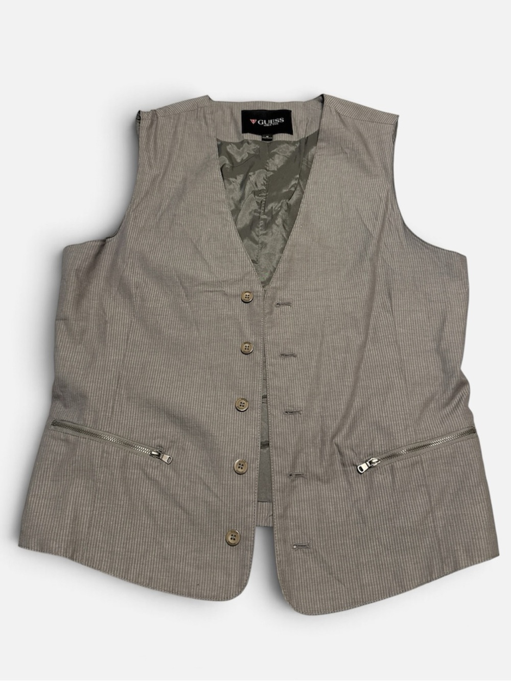 Guess Gray Pinstriped Men's-Style Vest with Zipper Pockets size Medium